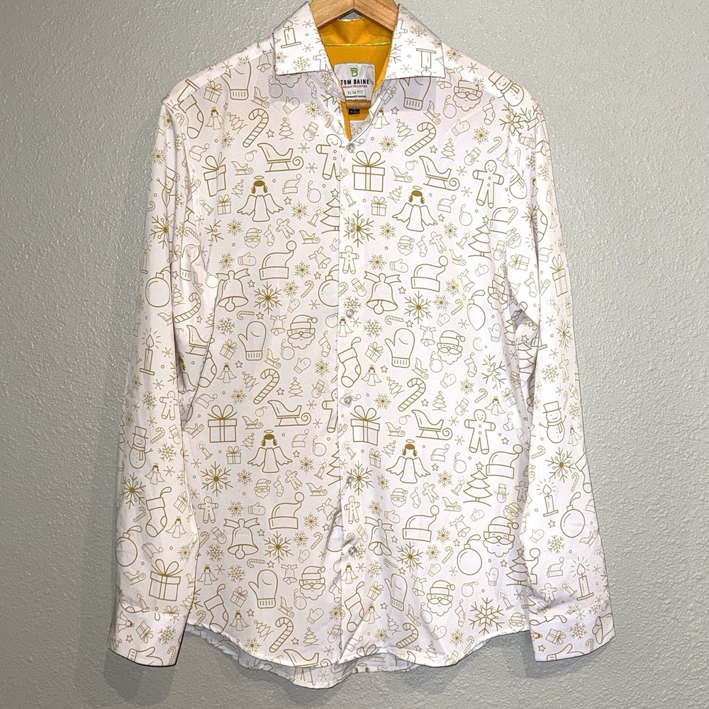 Tom Baine Shirt Men MED Slim Fit Flip Cuff Santa Snowflake Holiday Christmas